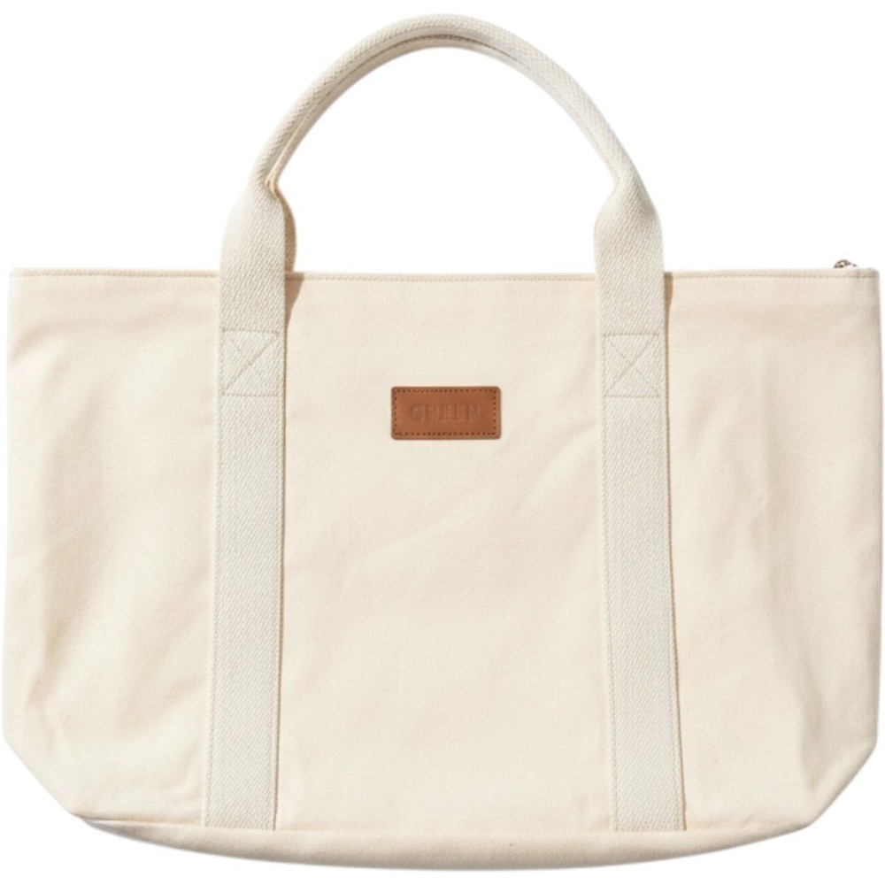 Greer Cream‎ Canvas Tote Bag Large Zipper Top Shoulder Bag Off White  Leather